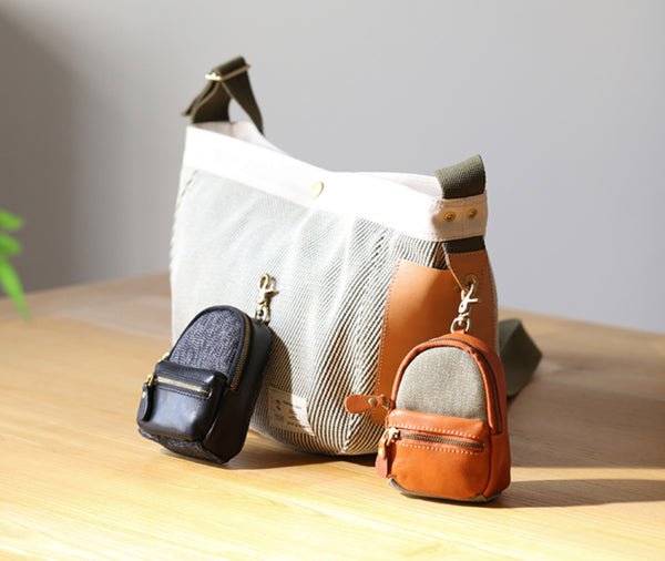 Mini Leather Canvas Coin Wallet Compact Earbud and Key Pouch Cowhide