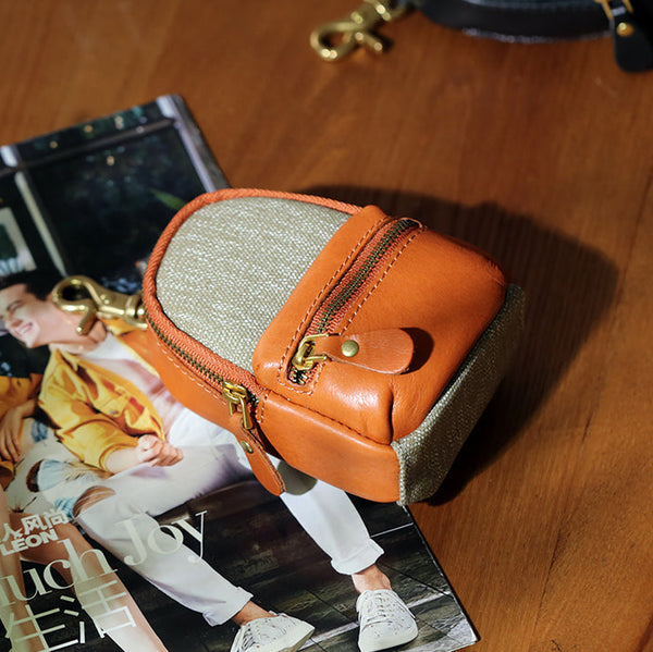 Mini Leather Canvas Coin Wallet Compact Earbud and Key Pouch