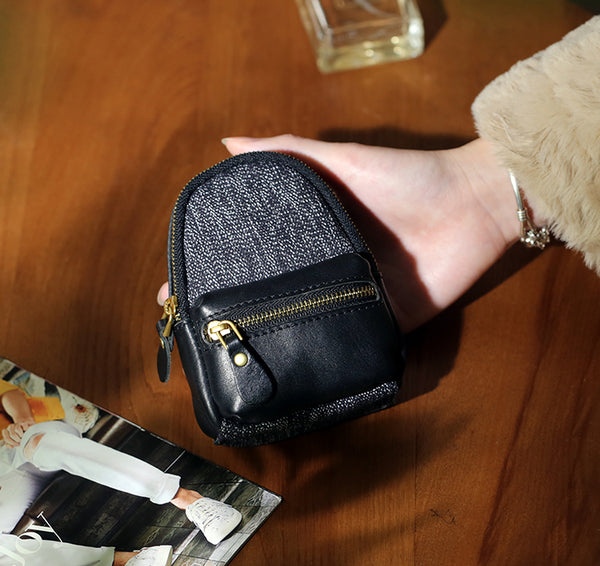 Genuine Leather and Canvas Mini Coin Pouch Small Earphone Bag with Zipper