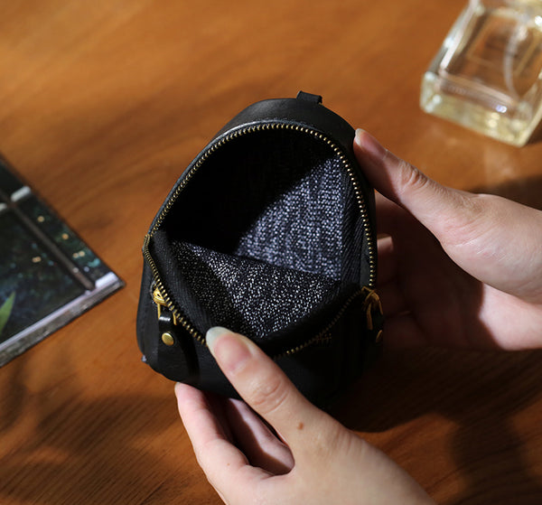 Mini Leather Canvas Coin Wallet Compact Earbud and Key Pouch Inside
