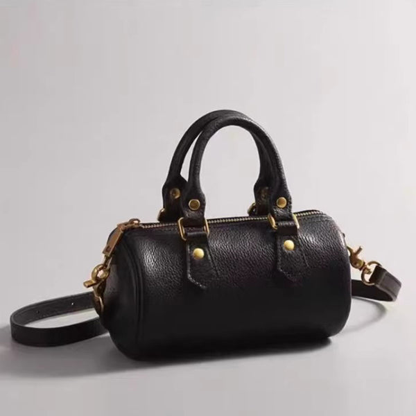 Mini Leather Cylinder Bag for Women Vintage Cowhide Crossbody Handbag Accessories
