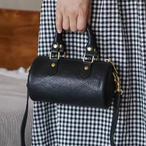Mini Leather Cylinder Bag for Women Vintage Cowhide Crossbody Handbag Accessories