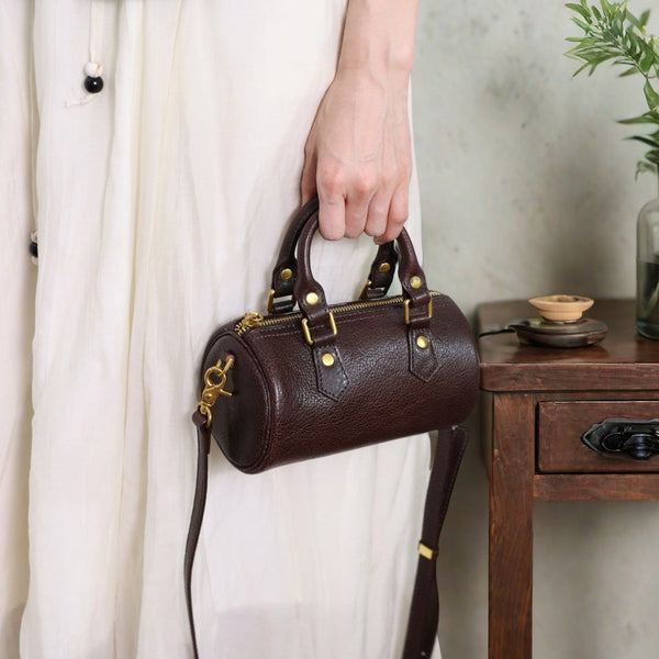 Mini Leather Cylinder Bag for Women Vintage Cowhide Crossbody Handbag Affordable