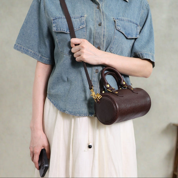 Mini Leather Cylinder Bag for Women Vintage Cowhide Crossbody Handbag Beautiful