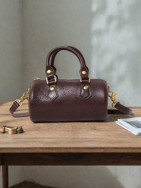 Mini Leather Cylinder Bag for Women Vintage Cowhide Crossbody Handbag Brown