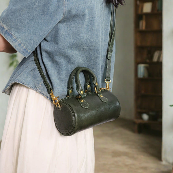 Mini Leather Cylinder Bag for Women Vintage Cowhide Crossbody Handbag Casual