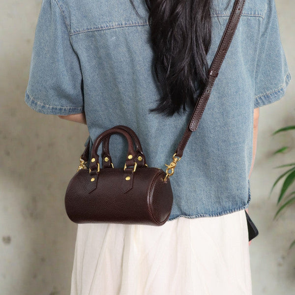 Mini Leather Cylinder Bag for Women Vintage Cowhide Crossbody Handbag Chic