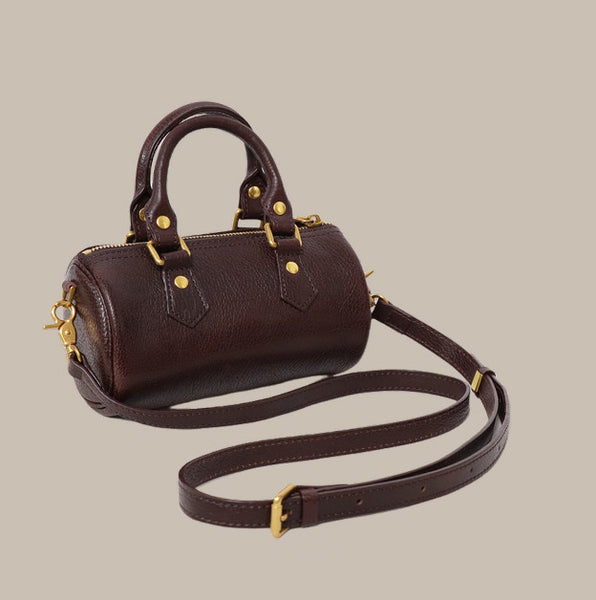 Mini Leather Cylinder Bag for Women Vintage Cowhide Crossbody Handbag