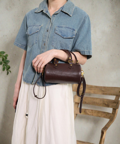 Mini Leather Cylinder Bag for Women Vintage Cowhide Crossbody Handbag Cowhide