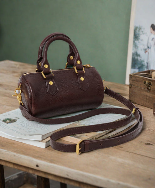 Mini Leather Cylinder Bag for Women Vintage Cowhide Crossbody Handbag Cute