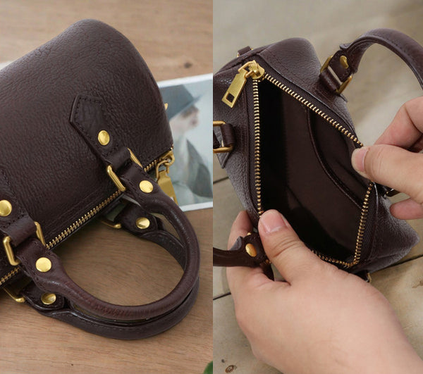 Mini Leather Cylinder Bag for Women Vintage Cowhide Crossbody Handbag Details