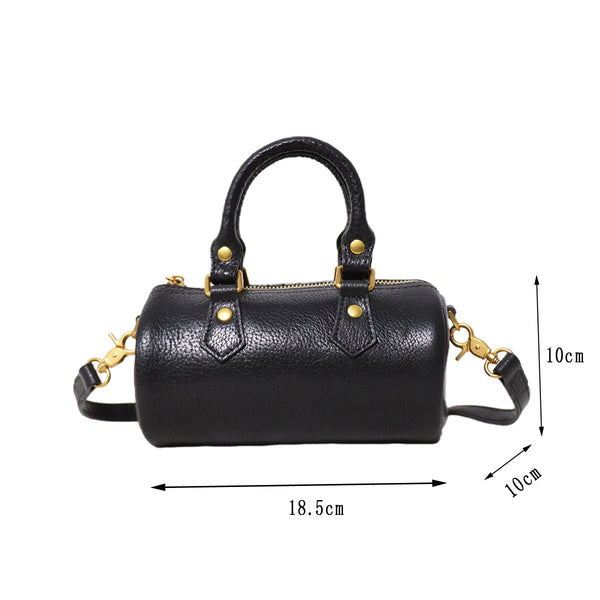 Mini Leather Cylinder Bag for Women Vintage Cowhide Crossbody Handbag Elegant