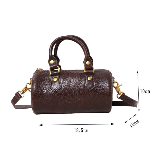 Mini Leather Cylinder Bag for Women Vintage Cowhide Crossbody Handbag Fashion