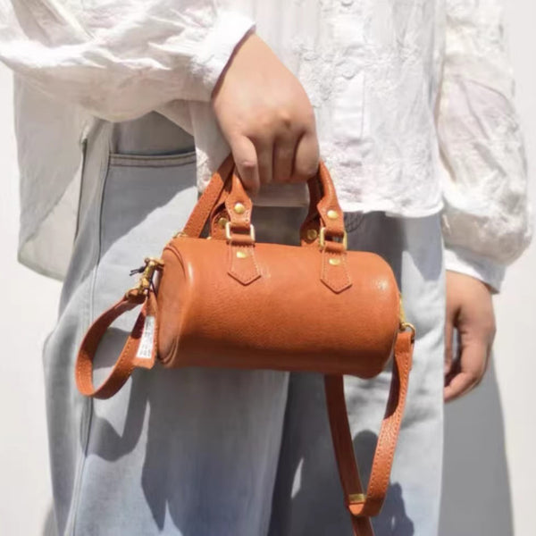 Mini Leather Cylinder Bag for Women Vintage Cowhide Crossbody Handbag Original