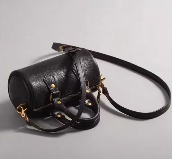Stylish Women’s Mini Leather Barrel Bag Cowhide Crossbody Top Handle Handbag