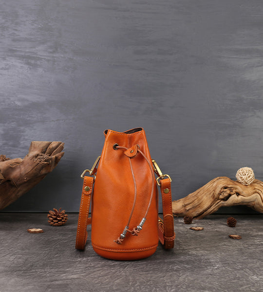 Mini Leather Drawstring Bucket Bag for Women Handheld  Crossbody Bag Brown