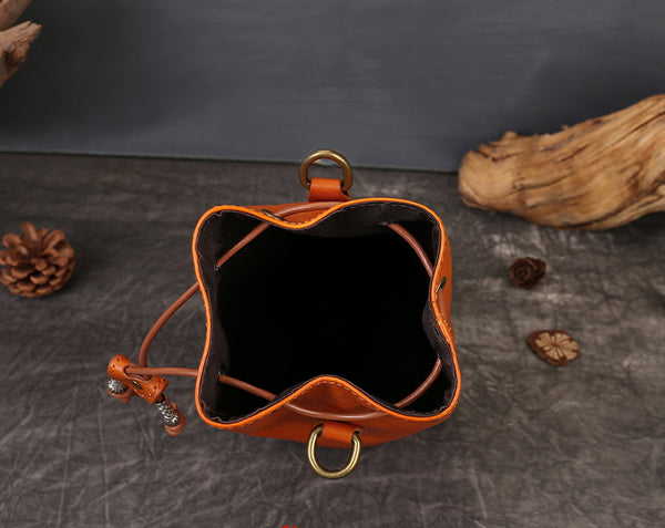 Mini Leather Drawstring Bucket Bag for Women Handheld  Crossbody Bag Capacity