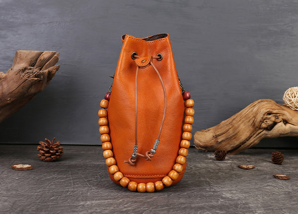 Mini Leather Drawstring Bucket Bag for Women Handheld  Crossbody Bag Cool