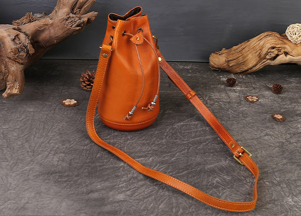 Mini Leather Drawstring Bucket Bag for Women Handheld  Crossbody Bag Cute