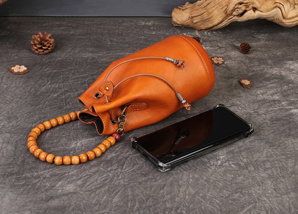 Mini Leather Drawstring Bucket Bag for Women Handheld  Crossbody Bag Durable