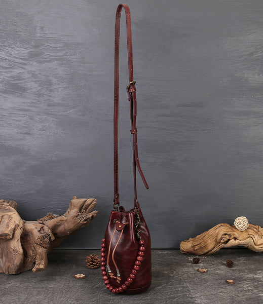 Mini Leather Drawstring Bucket Bag for Women Handheld  Crossbody Bag Elegant