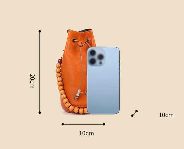 Mini Leather Drawstring Bucket Bag for Women Handheld  Crossbody Bag Fashionable