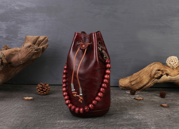 Womens Mini Leather Bucket Bag with Drawstring Vegetable Tanned Leather