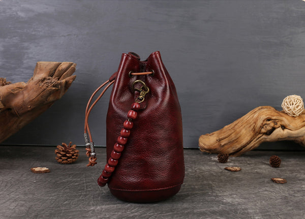 Mini Leather Drawstring Bucket Bag for Women Handheld  Crossbody Bag Genuine Leather