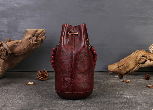Mini Leather Drawstring Bucket Bag for Women Handheld  Crossbody Bag Gift