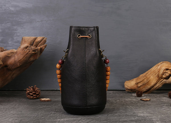 Mini Leather Drawstring Bucket Bag for Women Handheld Crossbody Bag