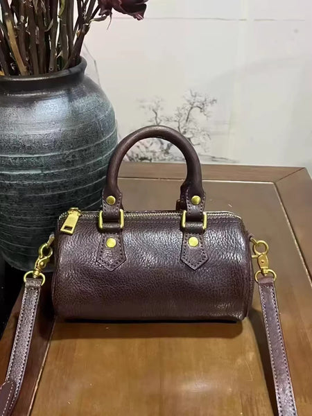 Mini Leather Cylinder Bag for Women Vintage Cowhide Crossbody Handbag Handmade
