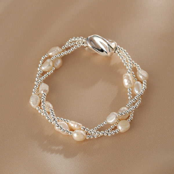 Wosmens Multi Layer Baroque Pearl Bracelet in Sterling Silver Natural Freshwater Pearl Jewelry