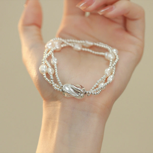 Multi Layer Baroque Pearl Bracelet in Sterling Silver Natural Freshwater Pearl Jewelry Chic