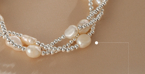 Multi Layer Baroque Pearl Bracelet in Sterling Silver Natural Freshwater Pearl Jewelry Classic