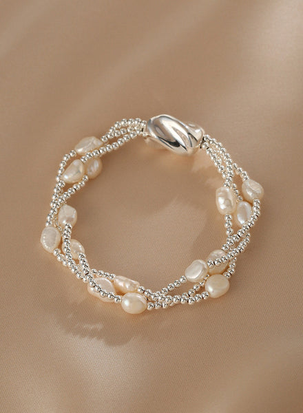 Multi Layer Baroque Pearl Bracelet in Sterling Silver Natural Freshwater Pearl Jewelry Elegant