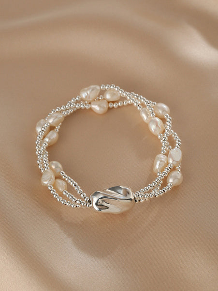Multi Layer Baroque Pearl Bracelet in Sterling Silver Natural Freshwater Pearl Jewelry Fashion