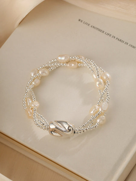 Multi Layer Baroque Pearl Bracelet in Sterling Silver Natural Freshwater Pearl Jewelry Gift-idea