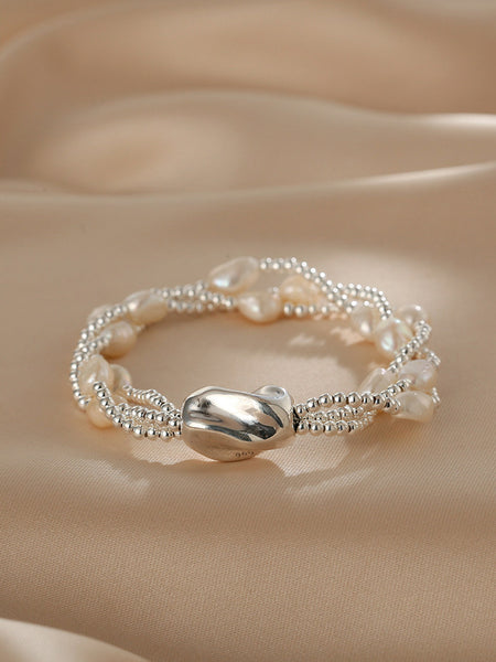 Multi Layer Baroque Pearl Bracelet in Sterling Silver Natural Freshwater Pearl Jewelry Gift