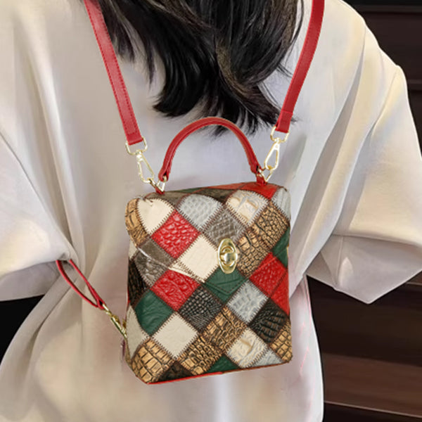 Patchwork Leather Mini Backpack for Women Boho Multi-Way Leather Crossbody Handbag