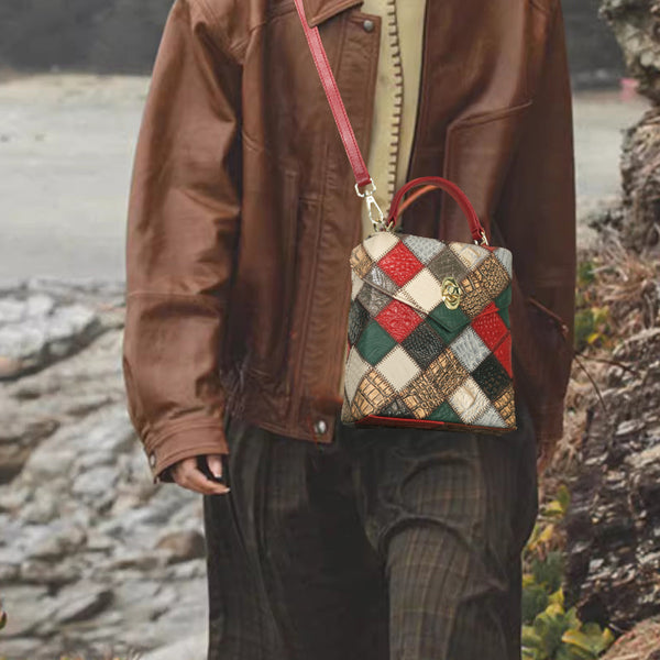 Patchwork Leather Mini Backpack for Women Boho Multi-Way Leather Crossbody Handbag Beautiful