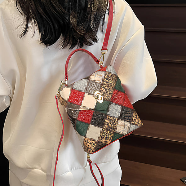 Patchwork Leather Mini Backpack for Women Boho Multi-Way Leather Crossbody Handbag Chic