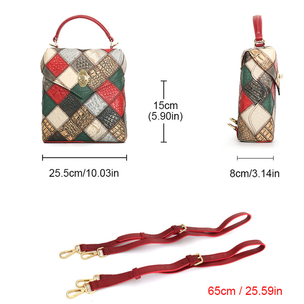 Patchwork Leather Mini Backpack for Women Boho Multi-Way Leather Crossbody Handbag Classy