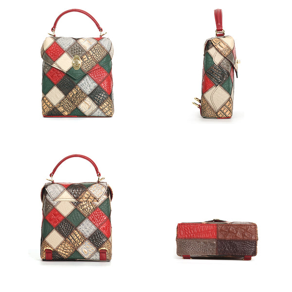 Patchwork Leather Mini Backpack for Women Boho Multi-Way Leather Crossbody Handbag Cute