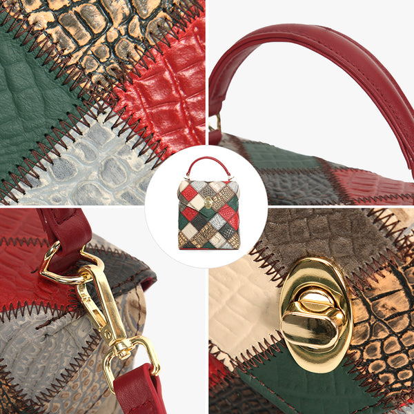 Patchwork Leather Mini Backpack for Women Boho Multi-Way Leather Crossbody Handbag Details
