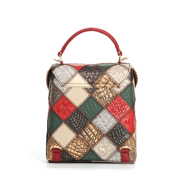 Patchwork Leather Mini Backpack for Women Boho Multi-Way Leather Crossbody Handbag Durable