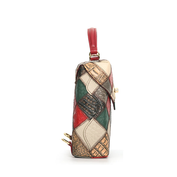 Patchwork Leather Mini Backpack for Women Boho Multi-Way Leather Crossbody Handbag Fashion