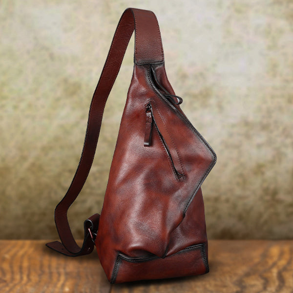 Retro Cowhide Sling Bag Small Leather Shoulder Chest Pack Badass
