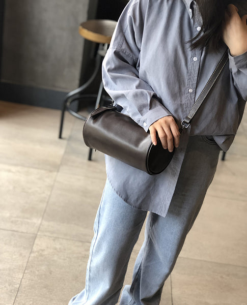 Retro Women's Soft Cowhide Crossbody Purse Genuine Leather Barrel Bag Badass