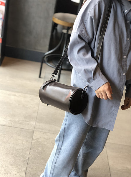 Retro Women's Soft Cowhide Crossbody Purse Genuine Leather Barrel Bag Badass