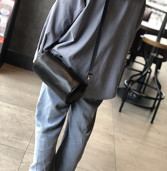 Retro Women's Soft Cowhide Crossbody Purse Genuine Leather Barrel Bag Casual